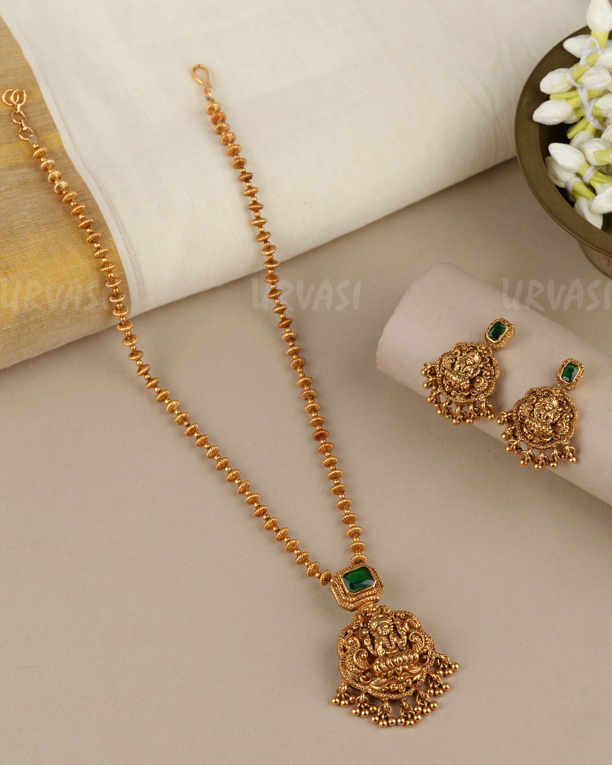 Gold-Toned Traditional  Lakshmi Peacock Pendent Long Necklace 1878