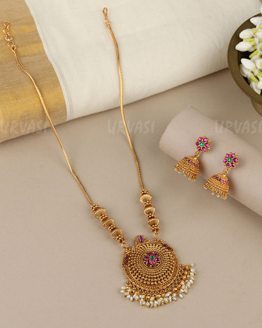 Gold-Toned  Floral  Pearl-Beaded Pendent Long Necklace 1879