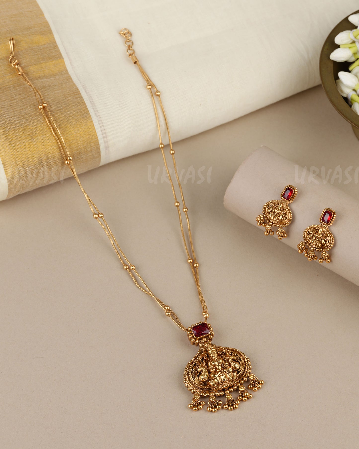 Gold-Toned Traditional Lakshmi  Two-Layer Pendant Long Necklace 1877