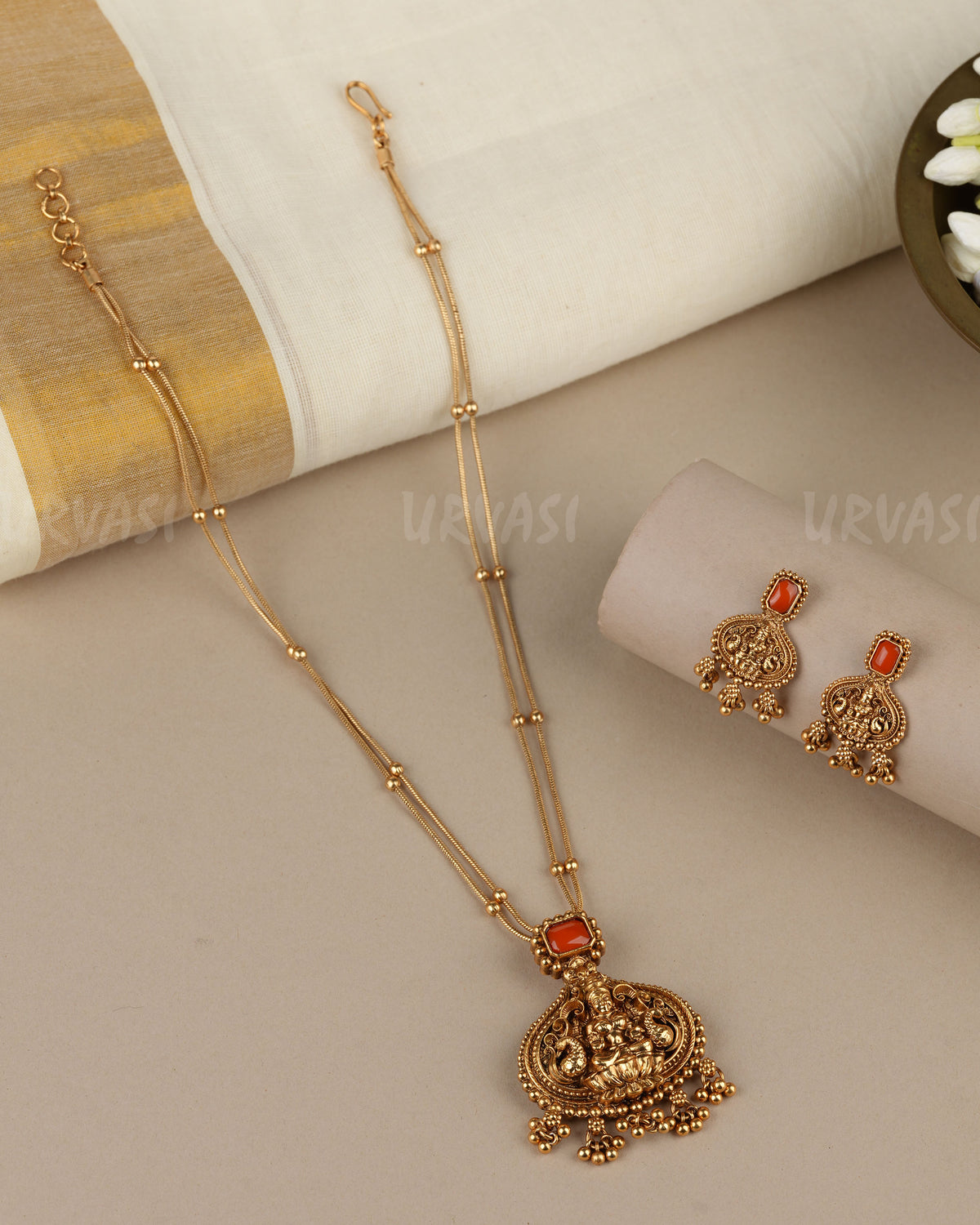 Gold-Toned Traditional Lakshmi  Two-Layer Pendant Long Necklace 1877