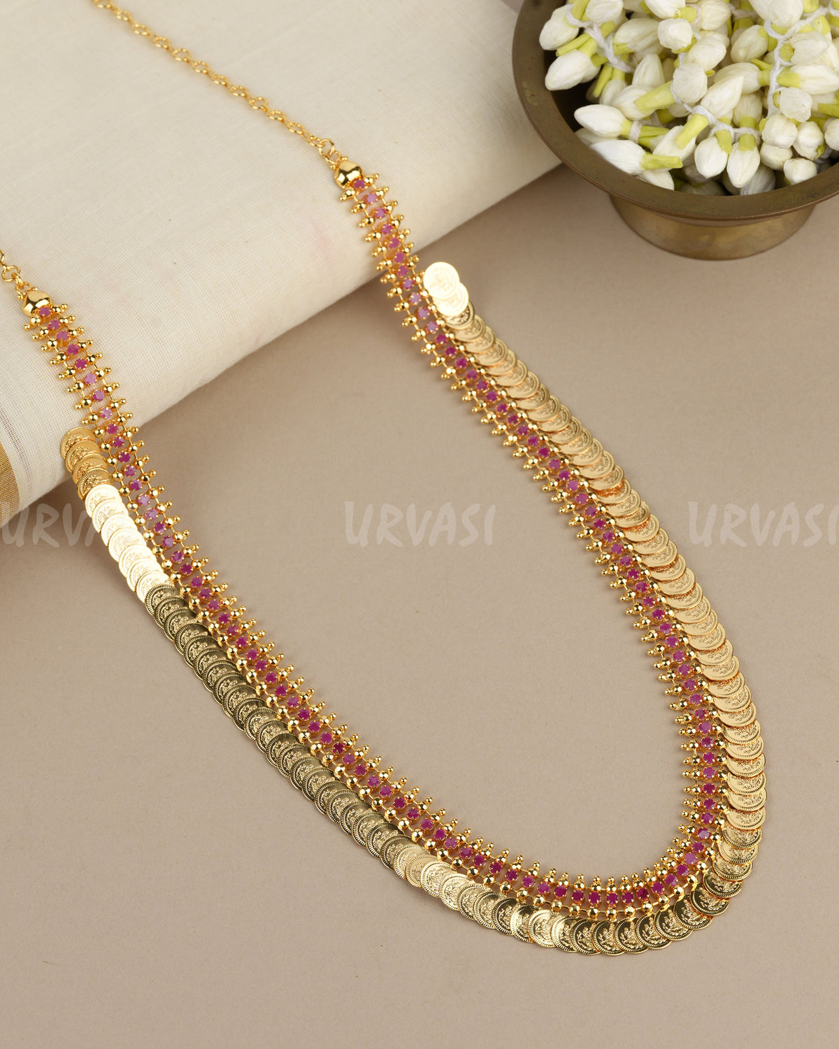 Gold-Polish Traditional  Lakshmi Kaasu  Long Necklace 1905