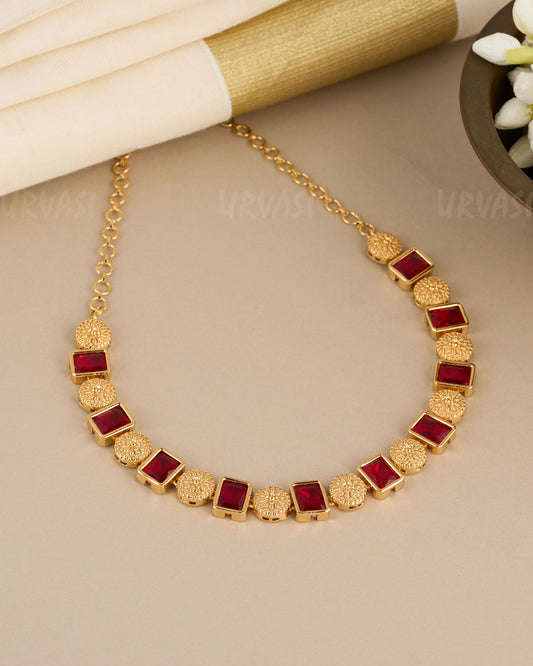 Gold Polish  Red Stone Necklace 768