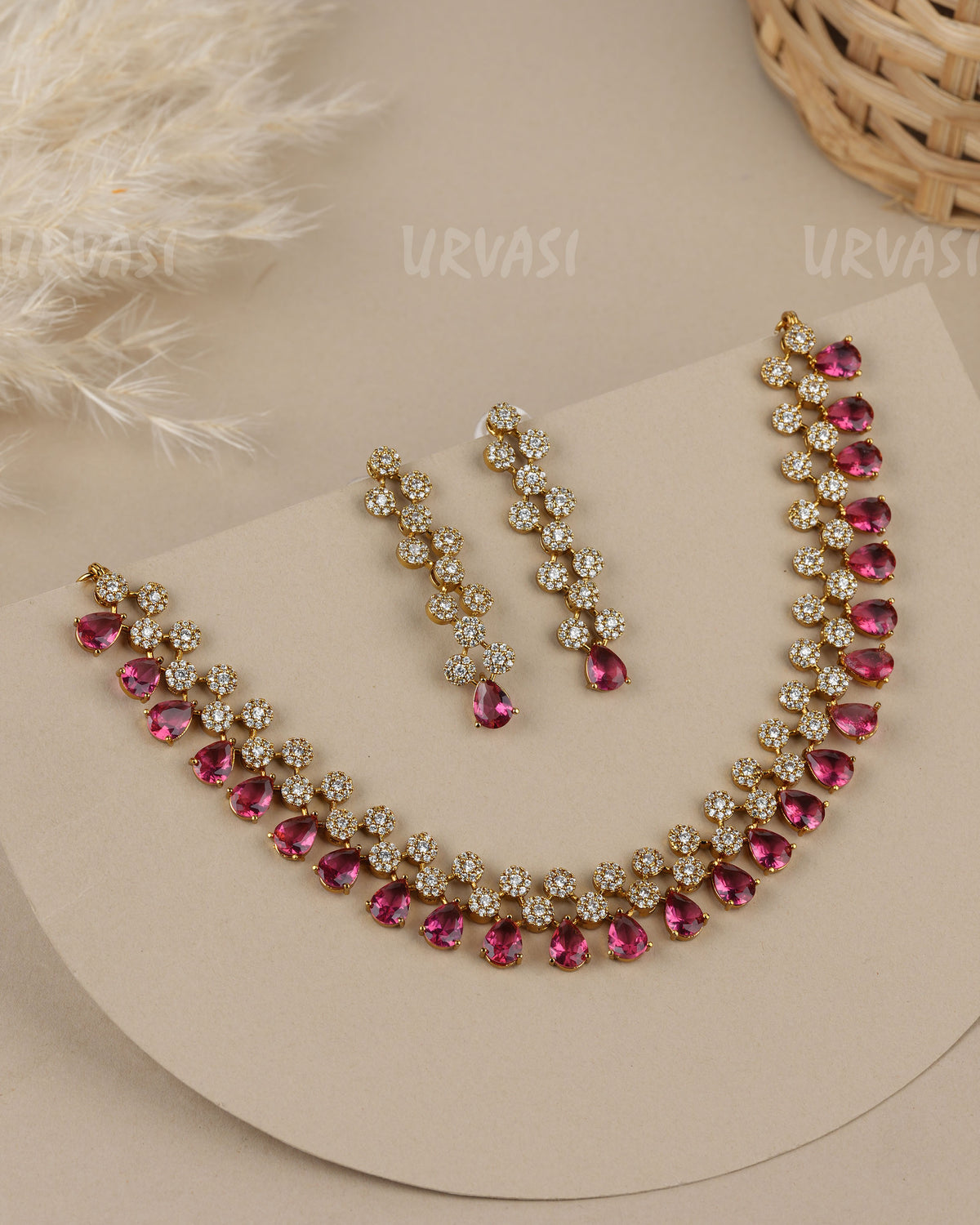 Mehendi-Polish Cluster Design Pear-Cut Drop Stone  AD Necklace  1922