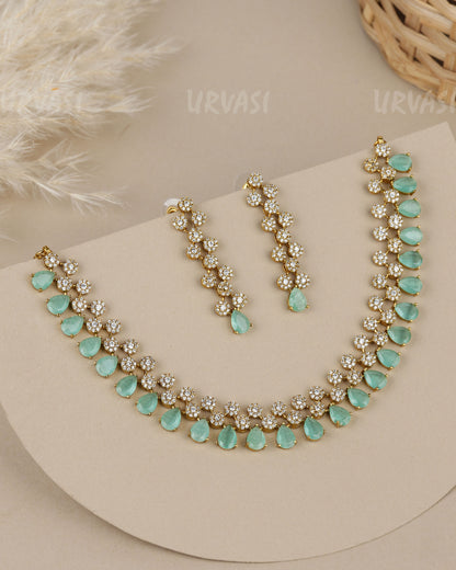 Mehendi-Polish Cluster Design Pear-Cut Drop Stone  AD Necklace  1922