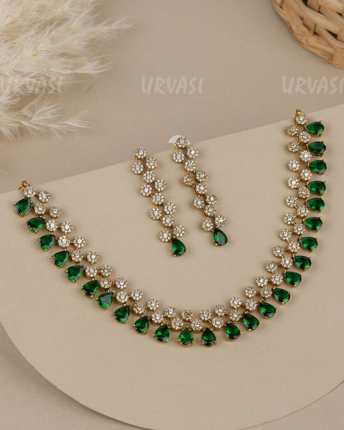 Mehendi-Polish Cluster Design Pear-Cut Drop Stone  AD Necklace  1922