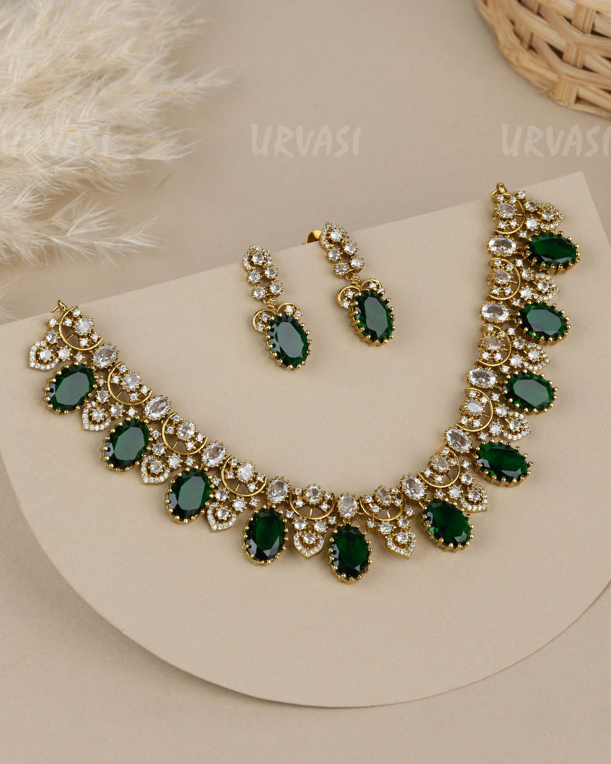 Mehendi Polish  Emerald Oval-Green Stone  AD Necklace 1956