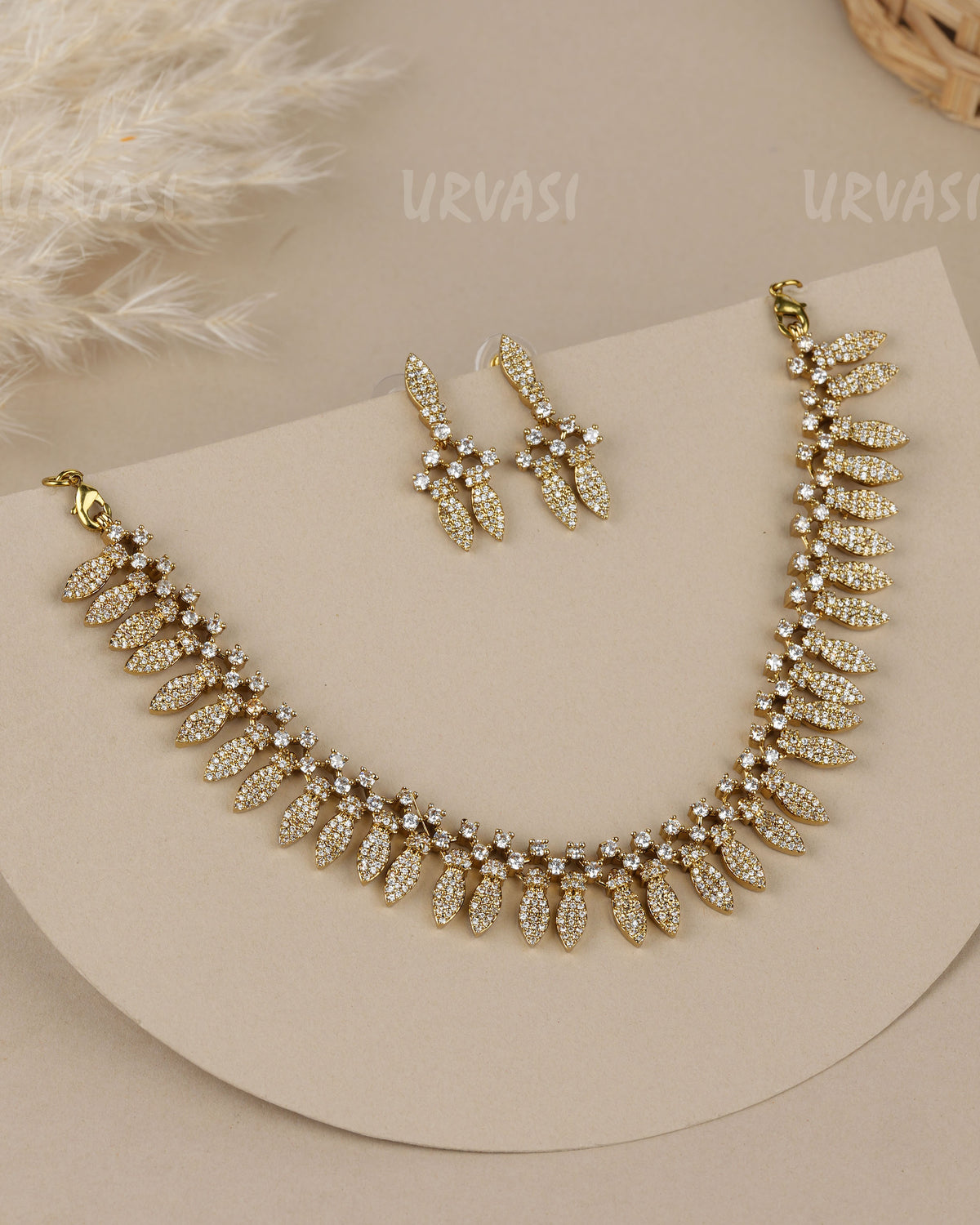 Mehendi Polish Cubic Zirconia Leaf AD Necklace  1934