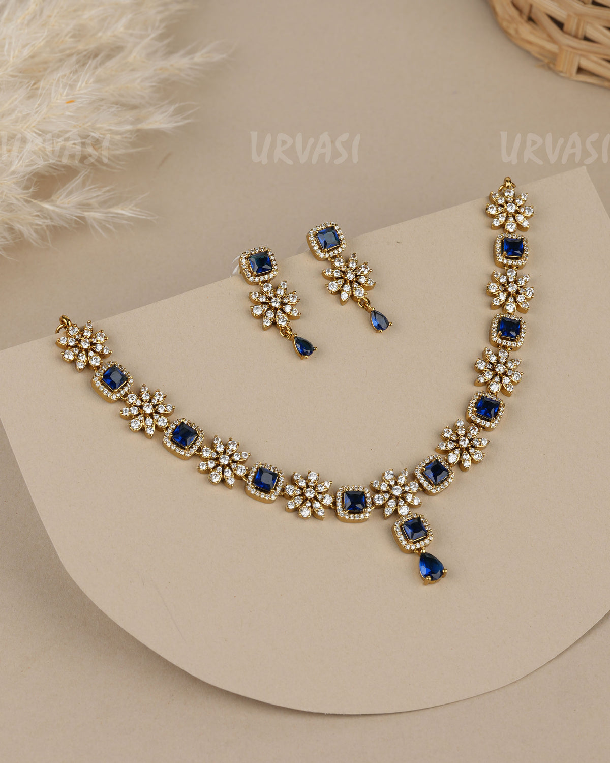 Mehendi-Polish Floral  Square-Teardrop Crystal Stone AD Necklace 1919