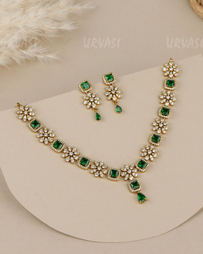 Mehendi-Polish Floral  Square-Teardrop Crystal Stone AD Necklace 1919
