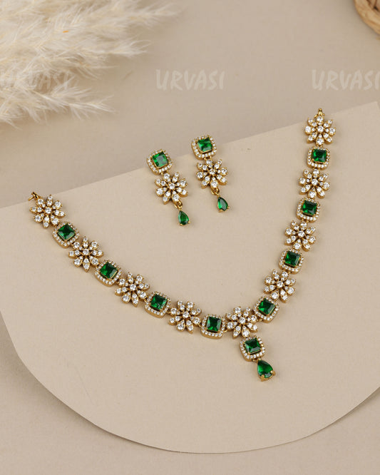 Mehendi-Polish Floral  Square-Teardrop Crystal Stone AD Necklace 1919