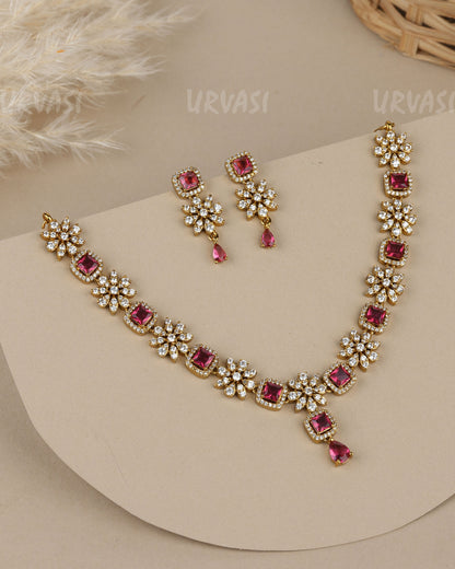 Mehendi-Polish Floral  Square-Teardrop Crystal Stone AD Necklace 1919