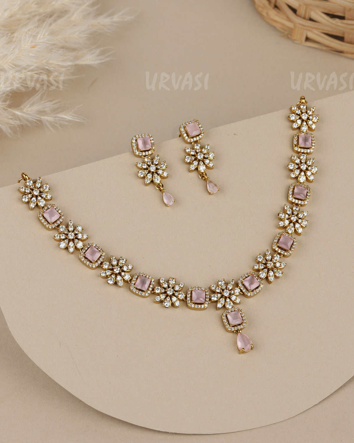Mehendi-Polish Floral  Square-Teardrop Crystal Stone AD Necklace 1919