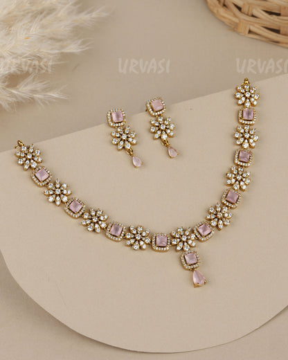 Mehendi-Polish Floral  Square-Teardrop Crystal Stone AD Necklace 1919