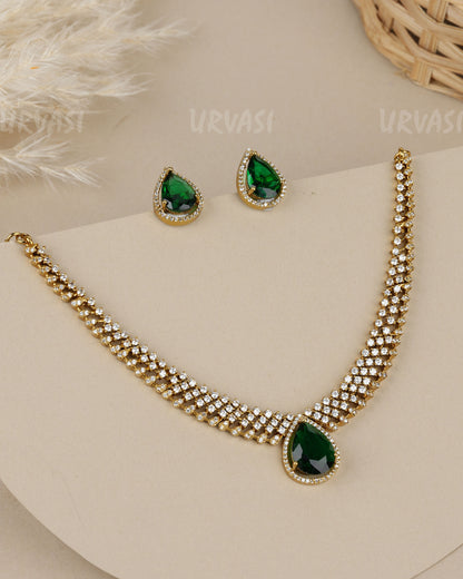 Mehendi-Polish Teardrop Emerald-Stone  AD Necklace 1916