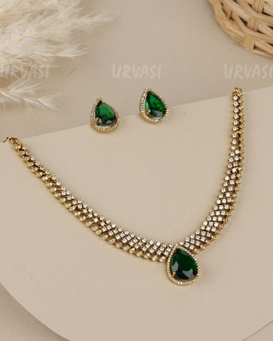 Mehendi-Polish Teardrop Emerald-Stone  AD Necklace 1916
