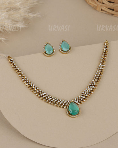 Mehendi-Polish Teardrop Emerald-Stone  AD Necklace 1916
