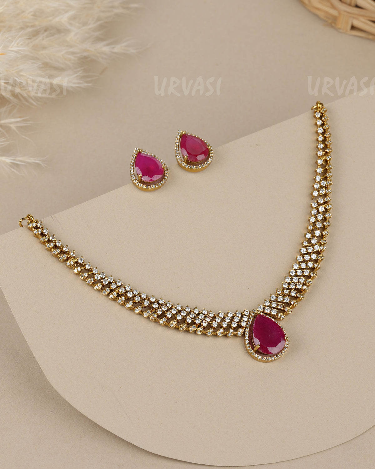 Mehendi-Polish Teardrop Emerald-Stone  AD Necklace 1916