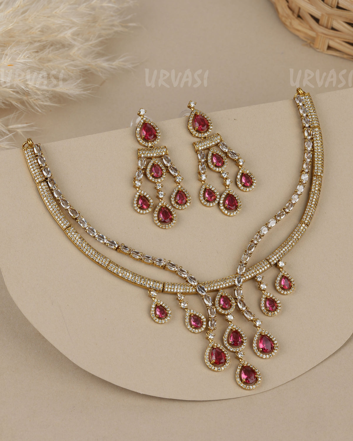 Premium-Teardrop Synthetic Stone  AD Necklace  1913