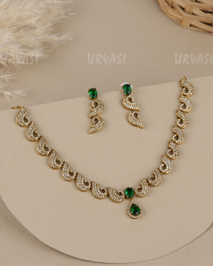 Mehendi-Polish Emerald Stone Teardrop AD Necklace 1912
