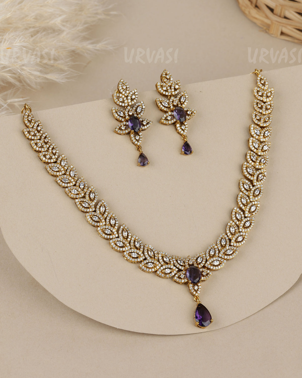 Mehendi Polish-Floral  Sparkling  Crystal-leaf  AD Necklace 1909