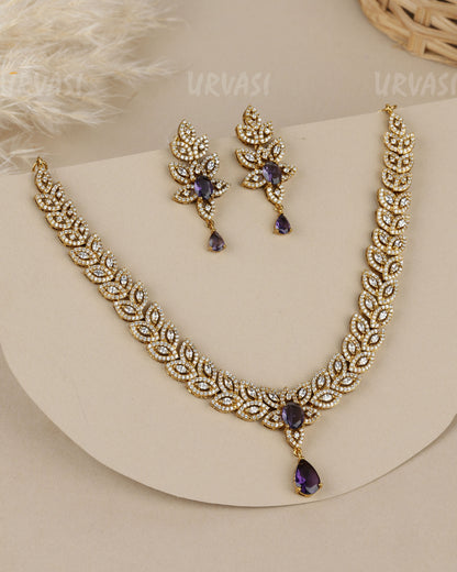 Mehendi Polish-Floral  Sparkling  Crystal-leaf  AD Necklace 1909