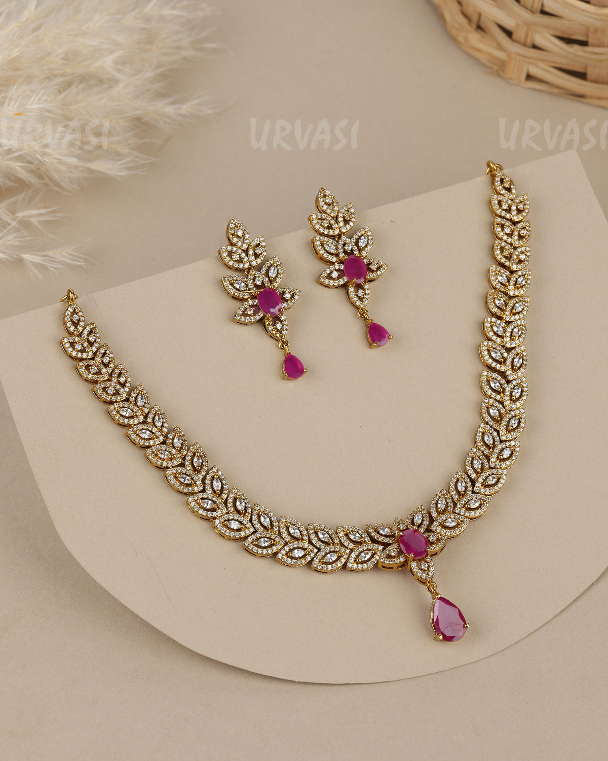 Mehendi Polish-Floral  Sparkling  Crystal-leaf  AD Necklace 1909