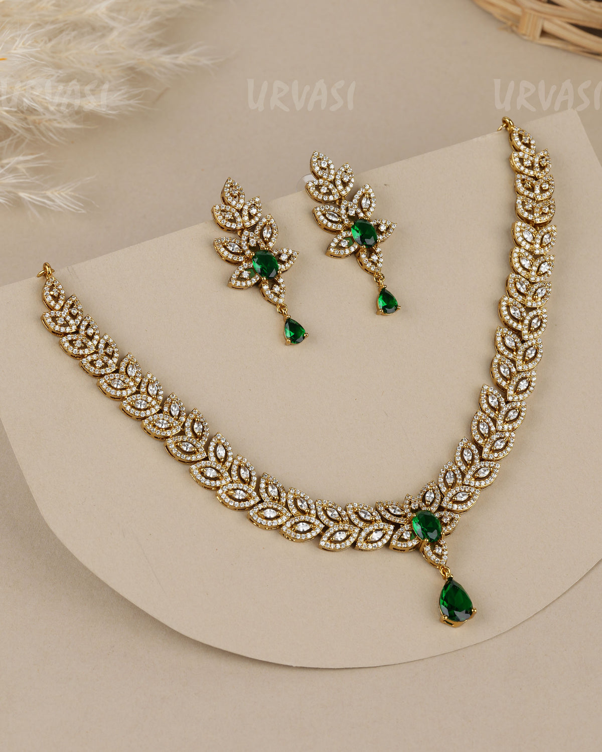Mehendi Polish-Floral  Sparkling  Crystal-leaf  AD Necklace 1909