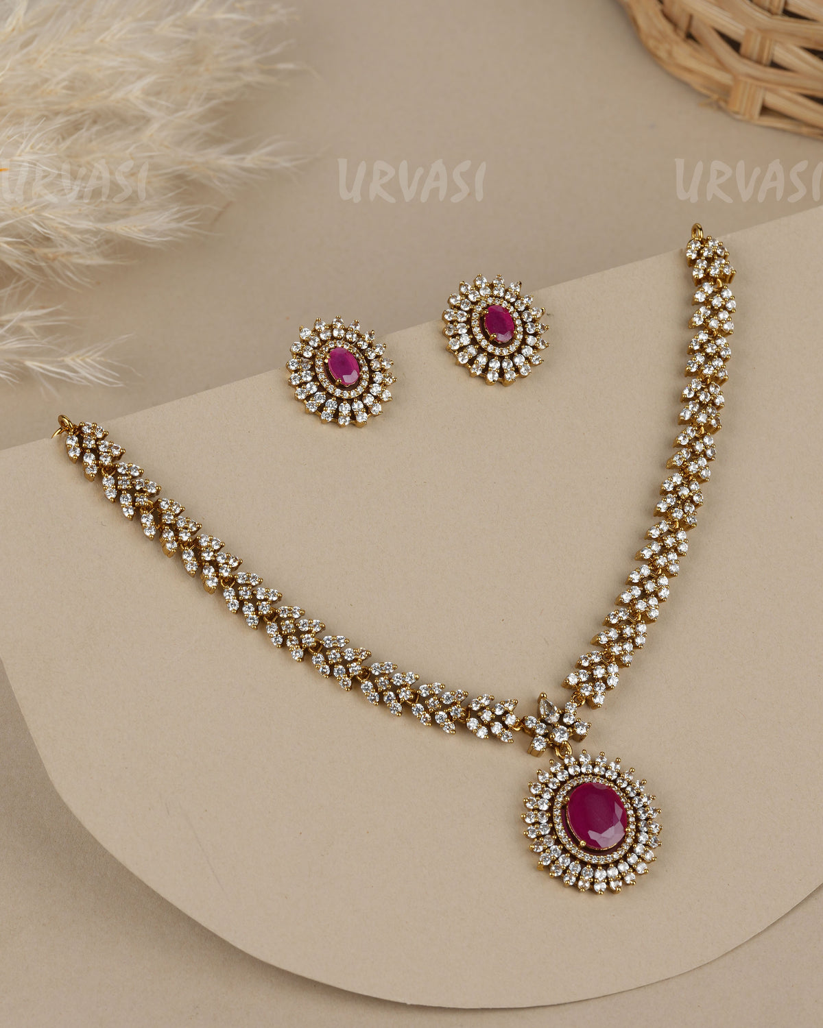 Mehendi Polish Oval-sapphire faux stone AD Necklace  1908