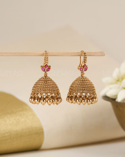 Gold-Toned Ruby Golden  Beads Hanging Earrings ER 653