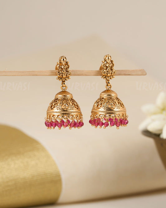 Gold Polish Lakshmi Idol Ruby Jhumka Earrings ER 672