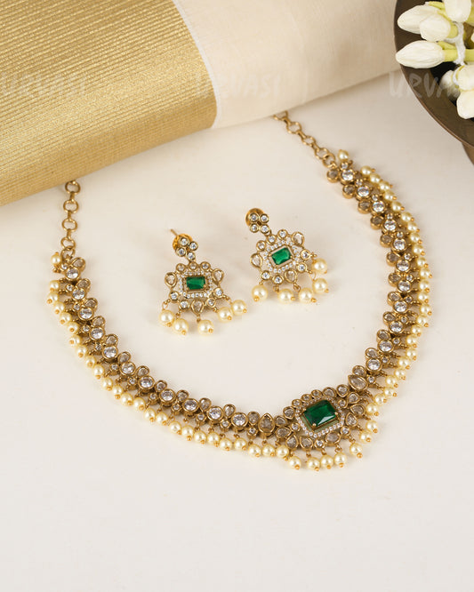 Emerald and Pearl drop Stone  Necklace 828