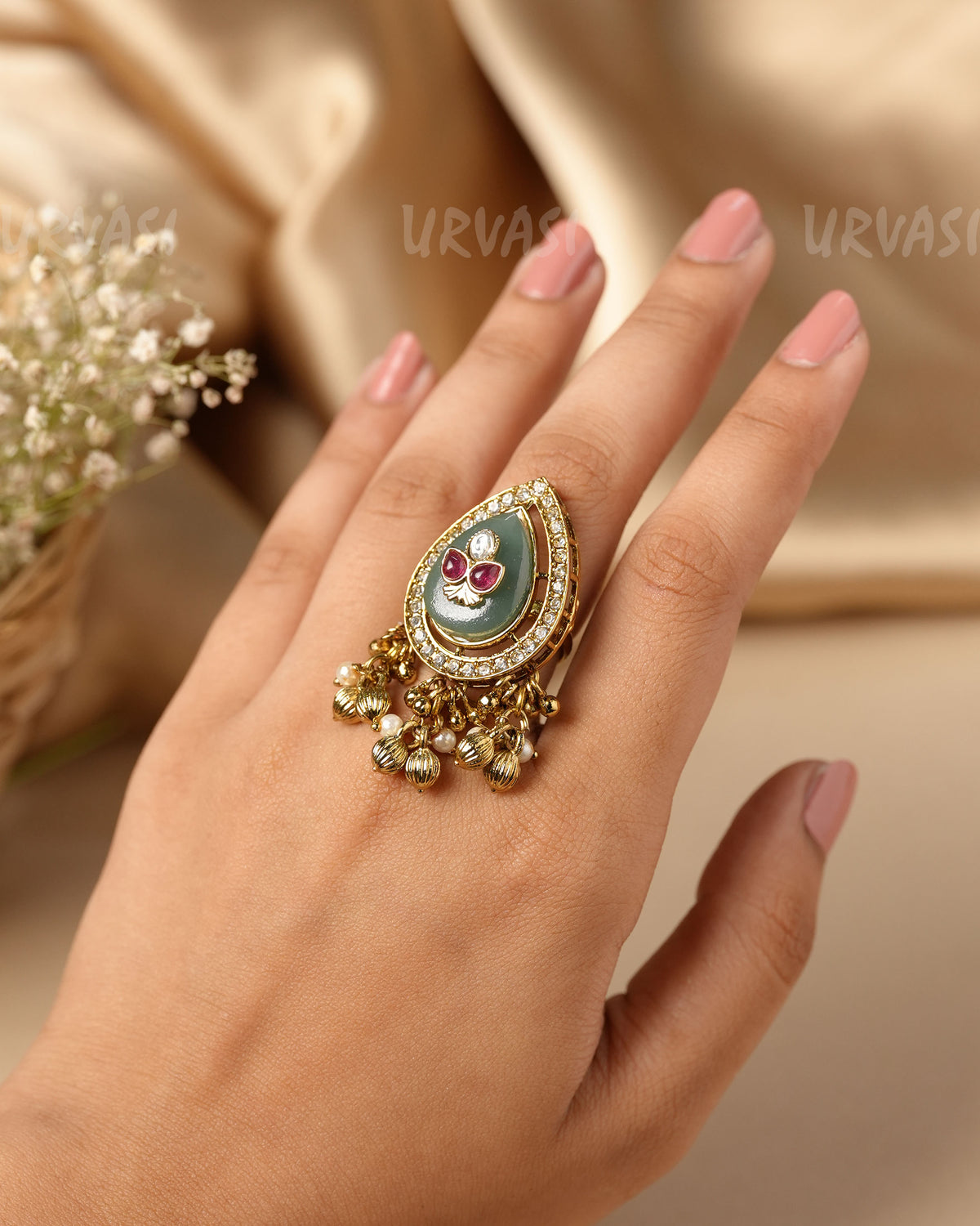 Gold-Toned Kundan Statement Ring-Beaded Danglers Finger Ring  FR 137