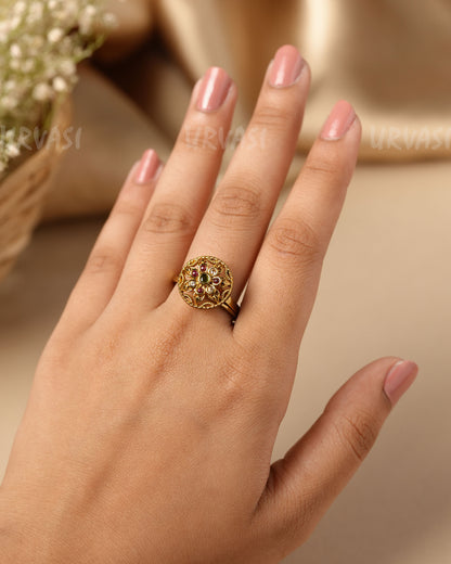 Gold-Toned  Polki Floral Finger Ring  FR 128