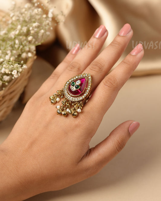 Gold-Toned Kundan Statement Ring-Beaded Danglers Finger Ring  FR 137