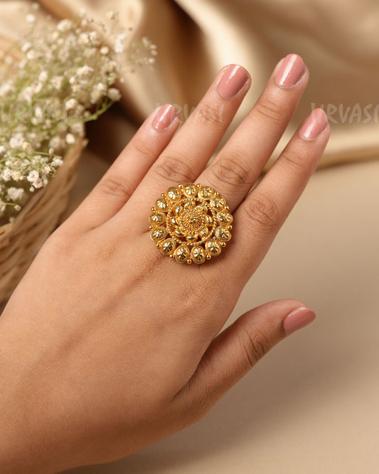 Gold-Polish Floral  Circular Finger Ring FR 124