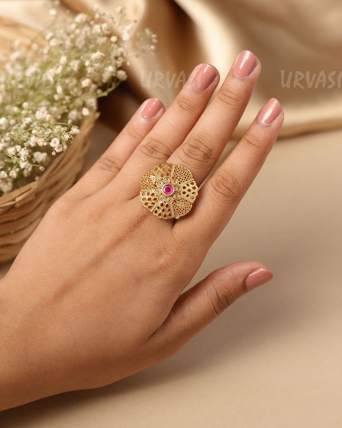 Gold-Polish Floral  Circular Finger Ring FR 133