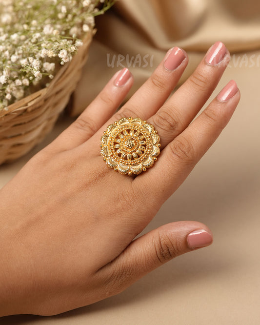 Gold-Polish Floral Circular Finger Ring  FR 125