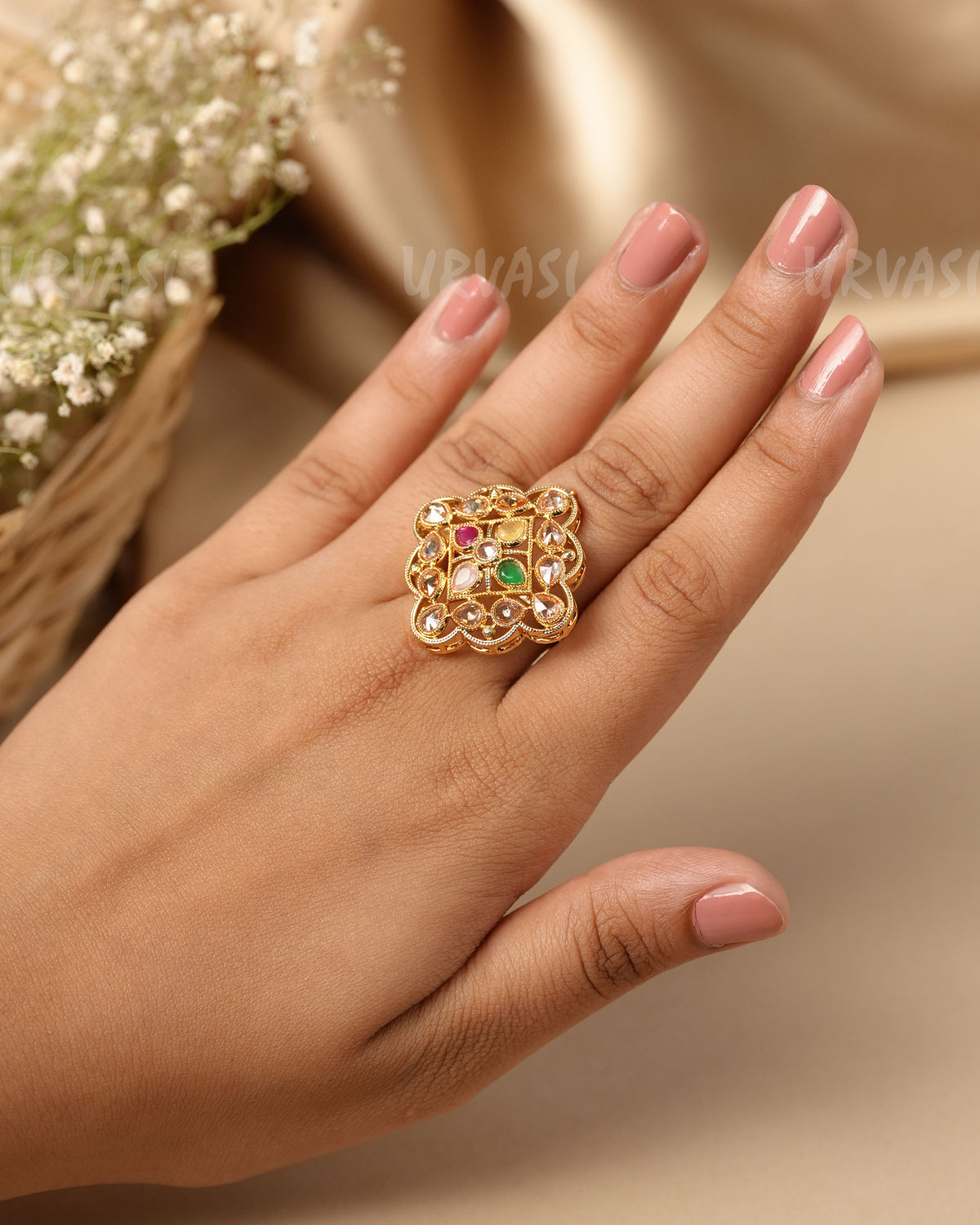 Gold-Toned  Polki Floral  Finger  Ring FR  115