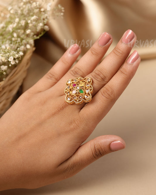 Gold-Toned  Polki Floral  Finger  Ring FR  115