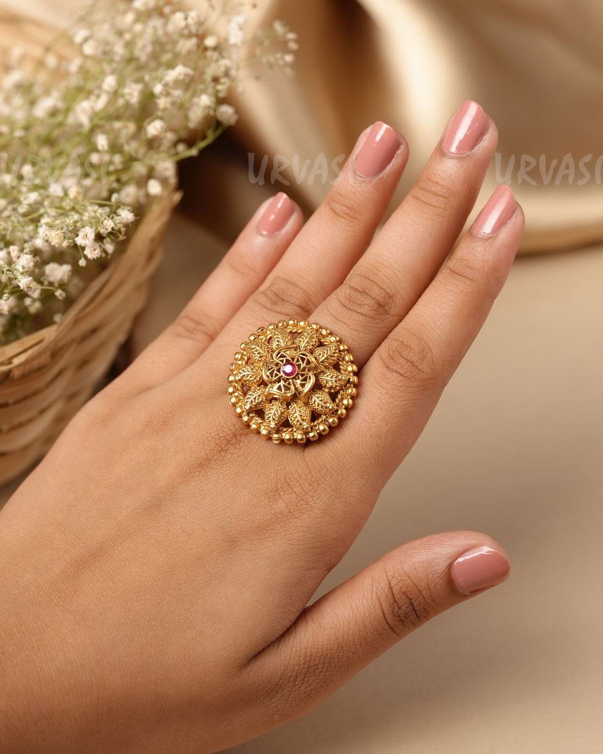 Gold-Toned  Polki Floral Finger Ring  FR 122
