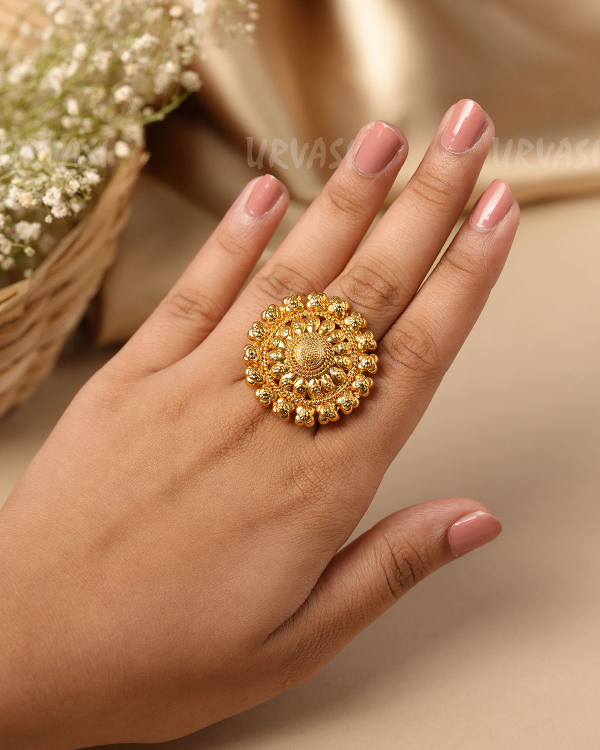 Gold-Polish Floral  Circular Finger Ring FR 118