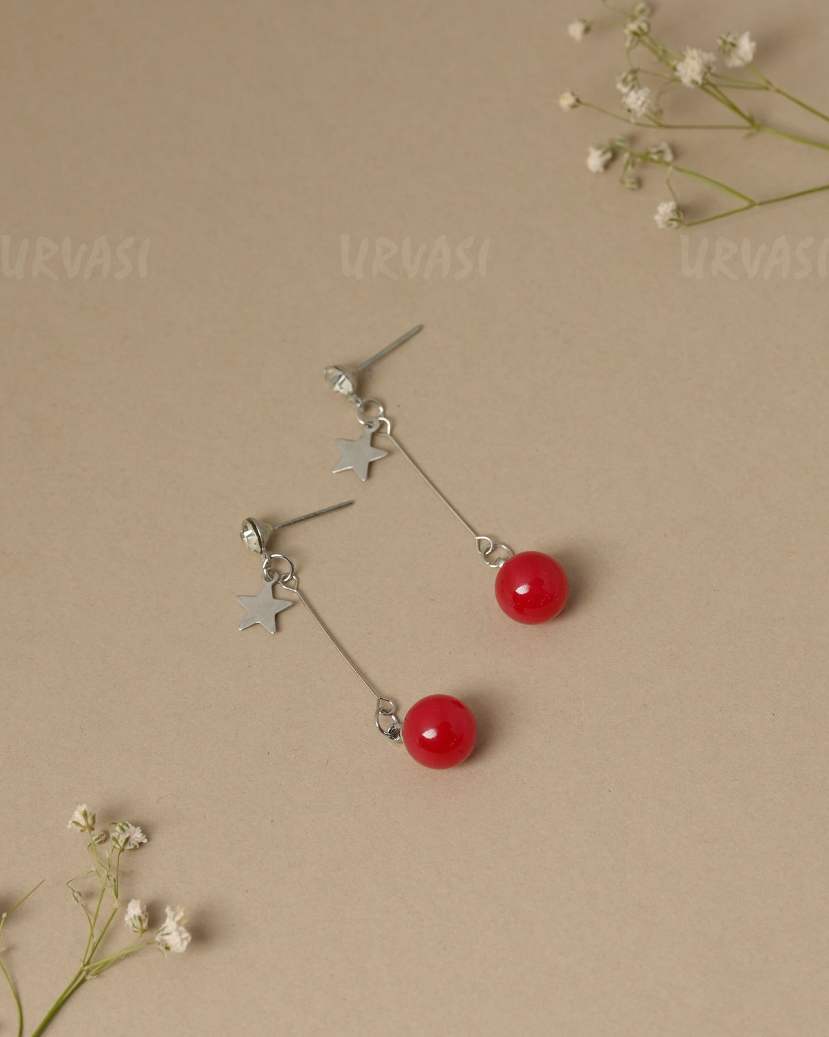 Minimalist Star and Red Pearl Drop Earrings ER 1325