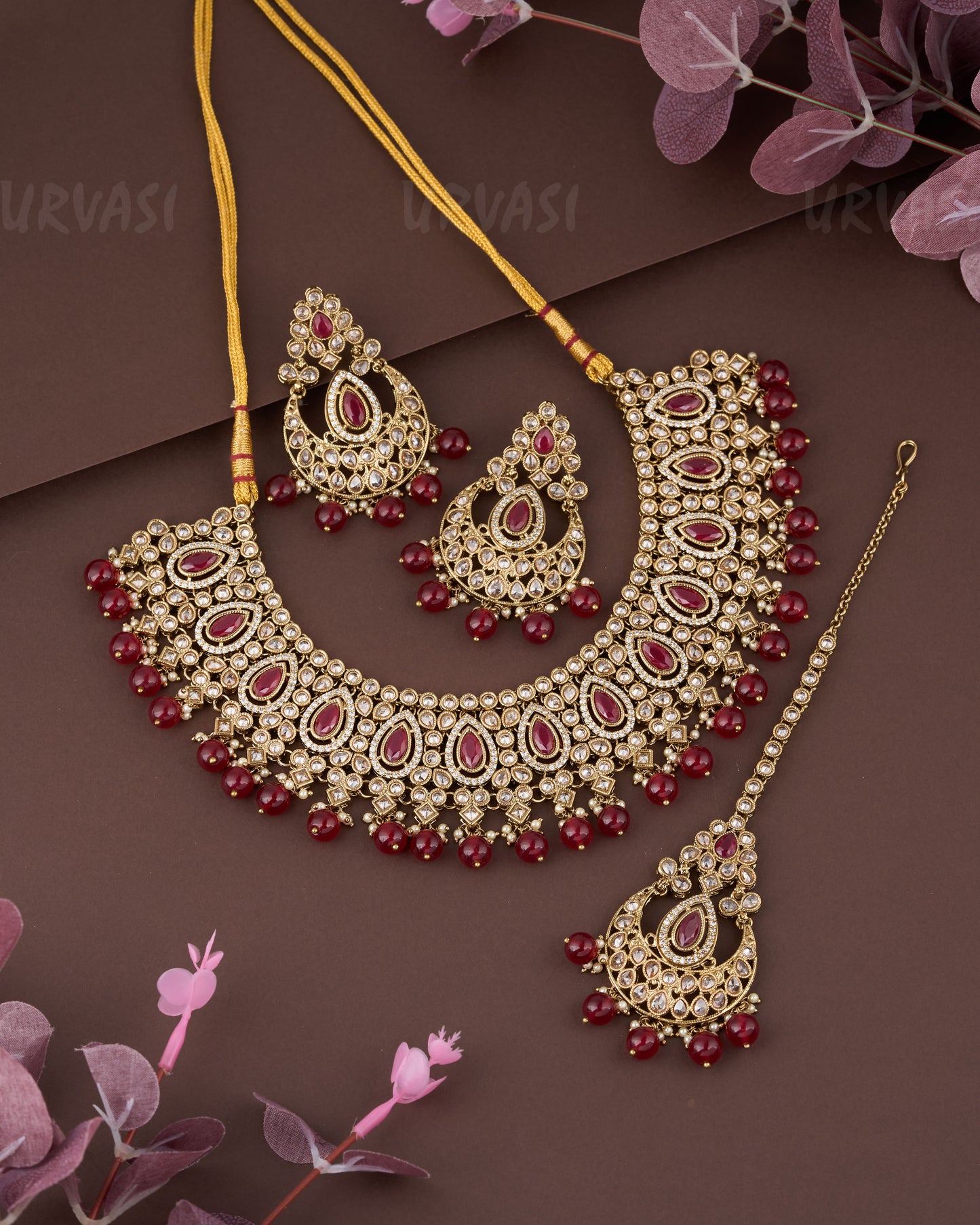 Premium Red+Mehendi Polish Necklace 859