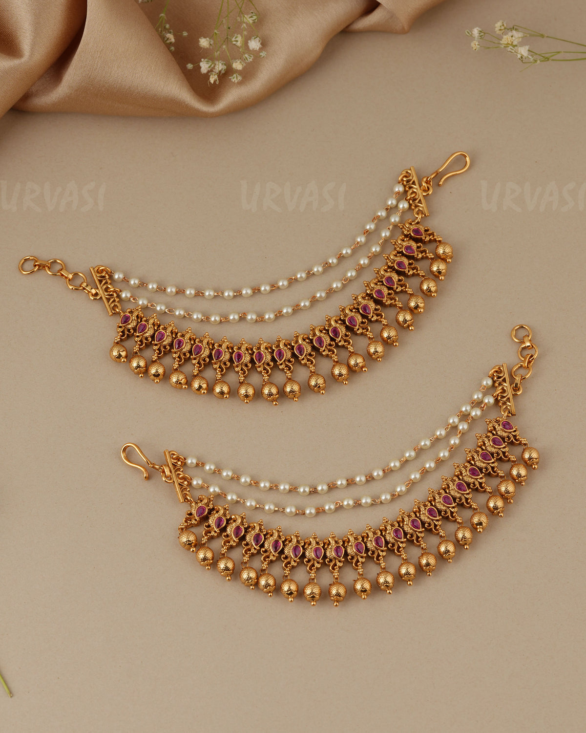 Gold-Toned Three-Layer Peacock Beaded Ear Chain EC 99