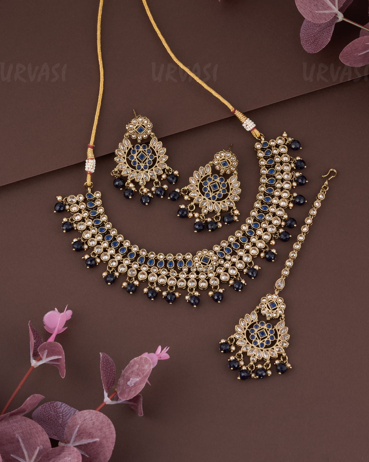 Premium Dark Blue+Mehendi Polish Necklace 849