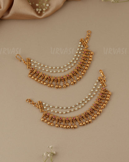 Gold-Toned Three-Layer Flower Pearl Ear Chain EC 103