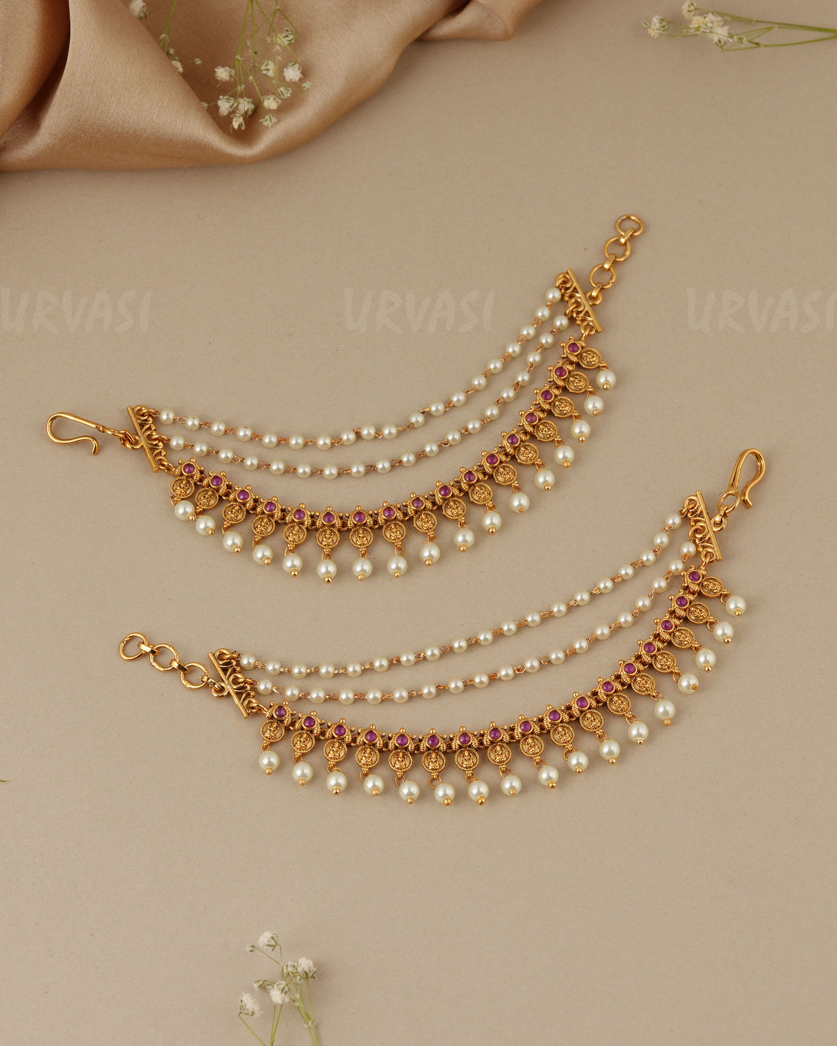 Gold-Toned Three-Layer Kaasu Pearl Ear Chain EC 102