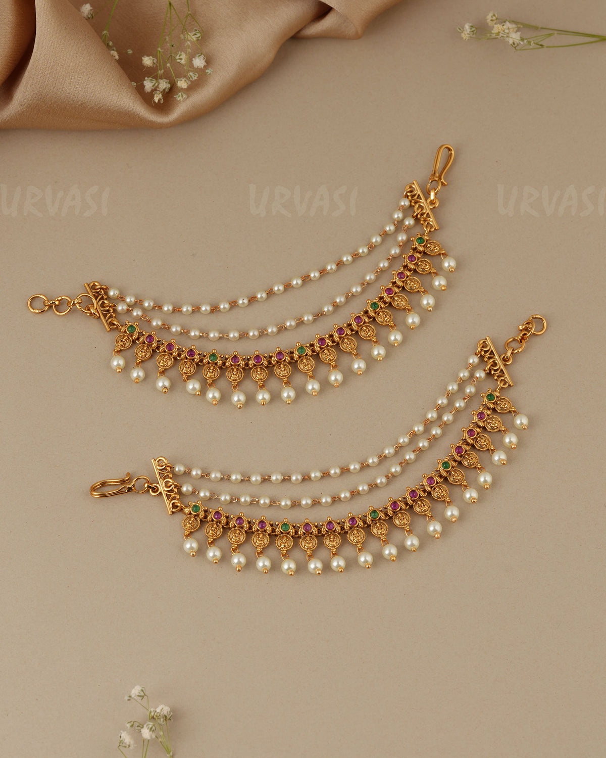 Gold-Toned Three-Layer Kaasu Pearl Ear Chain EC 102