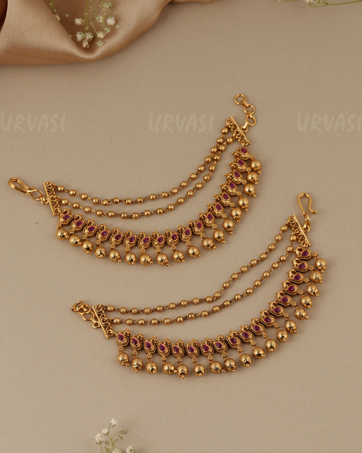 Gold-Toned Three-Layer Peacock Beaded Ear Chain EC 98