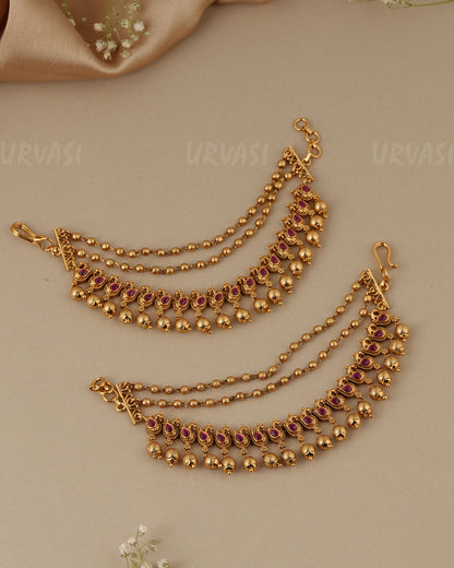 Gold-Toned Three-Layer Peacock Beaded Ear Chain EC 98